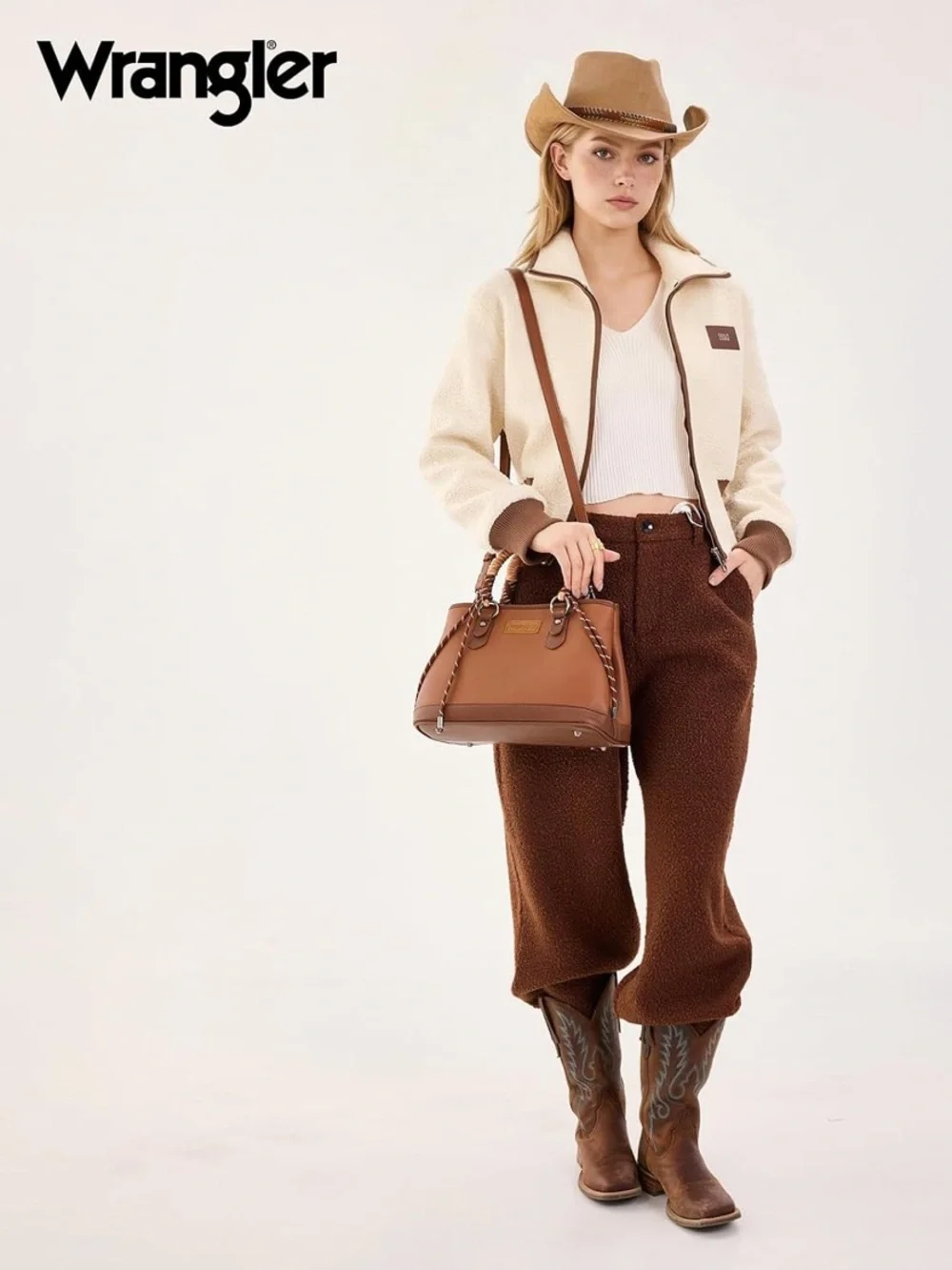 Wrangler Brown Leather Satchel with Braided Rope Handles